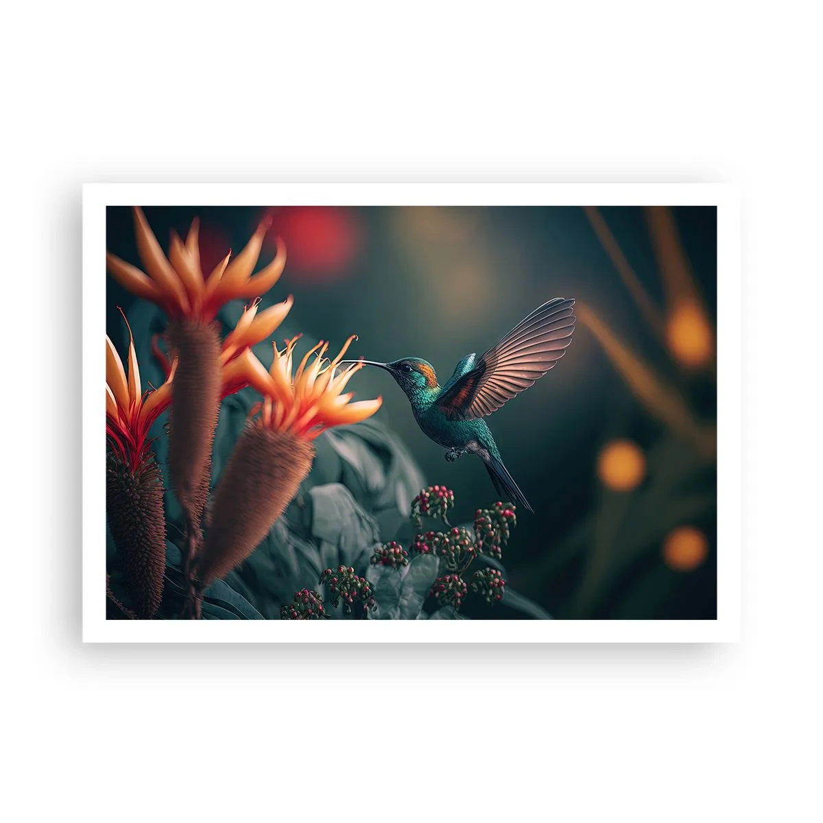 Plakat - Kolorowy koliber przy kwiatach na tle natury - 100x70cm - naprawdę barwne życie - Nowoczesna dekoracja ścienna do salonu i sypialni ARTTOR