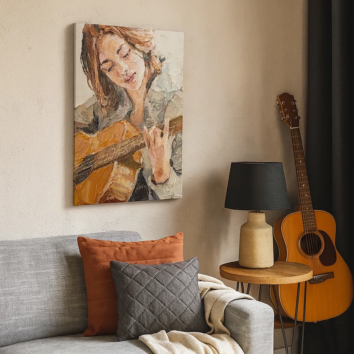 Obraz na płótnie - Impresjonistyczny portret młodej kobiety grającej na gitarze - 50x70cm - Koncert na gitarę i dziewczęce serce - Nowoczesna dekoracja ścienna do salonu, kuchni i sypialni ARTTOR