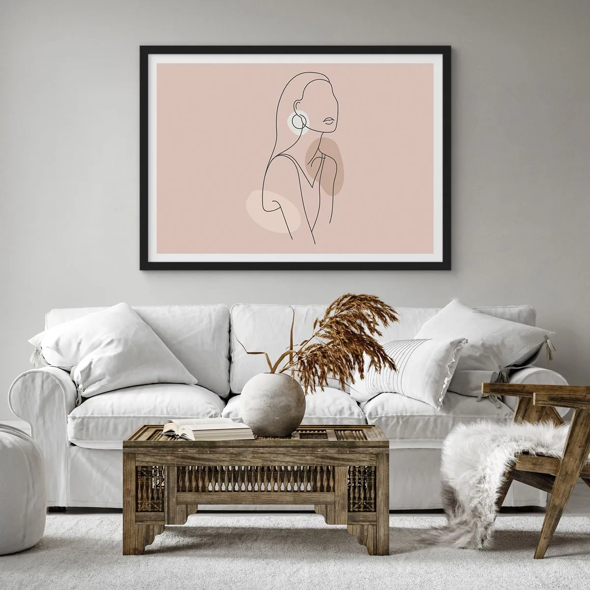 Plakat w czarnej ramie - Minimalistyczna ilustracja kobiety z konturów na beżowym tle - 70x50cm - Ikona dziewczęcości - Nowoczesna dekoracja ścienna do salonu i sypialni ARTTOR