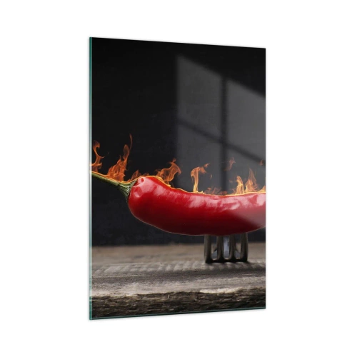 Obraz na szkle - Płonąca czerwona papryczka chili na czarnym tle - 50x70cm - Ognista zakąska - Nowoczesna dekoracja ścienna do salonu, kuchni i sypialni ARTTOR