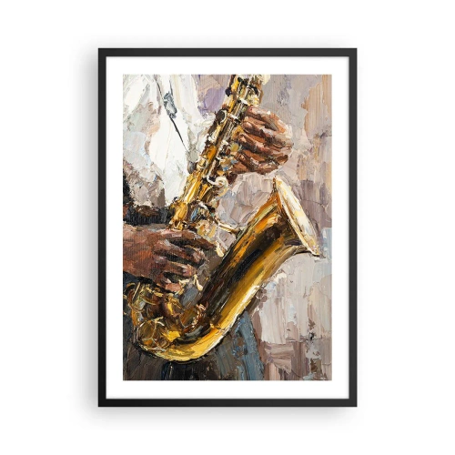 Plakat w czarnej ramie - Grający saksofonista w artystycznym stylu malarskim - 50x70cm - Czas na solo - Nowoczesna dekoracja ścienna do salonu i sypialni ARTTOR