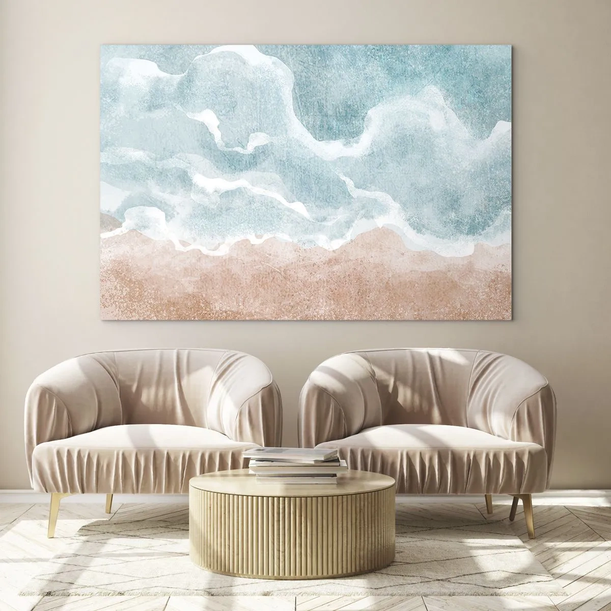 Obraz na szkle - Pastelowe fale w błękitach i beżach tworzące chmurzystą abstrakcję - 70x50cm - Abstrakcja obłoczna - Nowoczesna dekoracja ścienna do salonu i sypialni ARTTOR