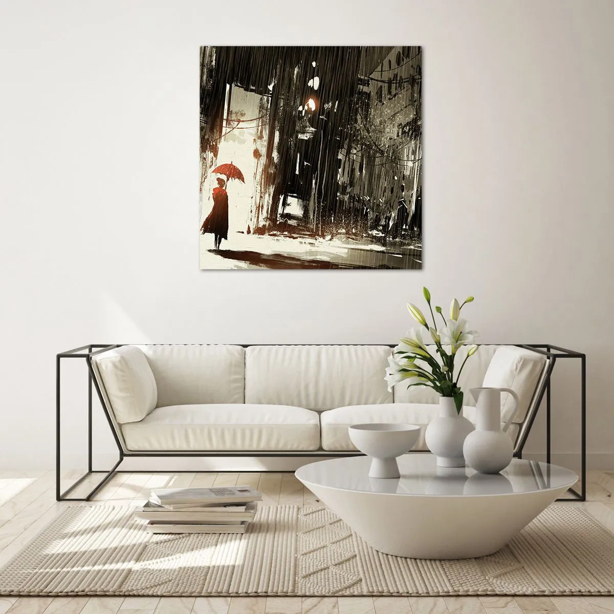 Obraz na szkle - Poezja czerwonego parasola - 70x70 cm