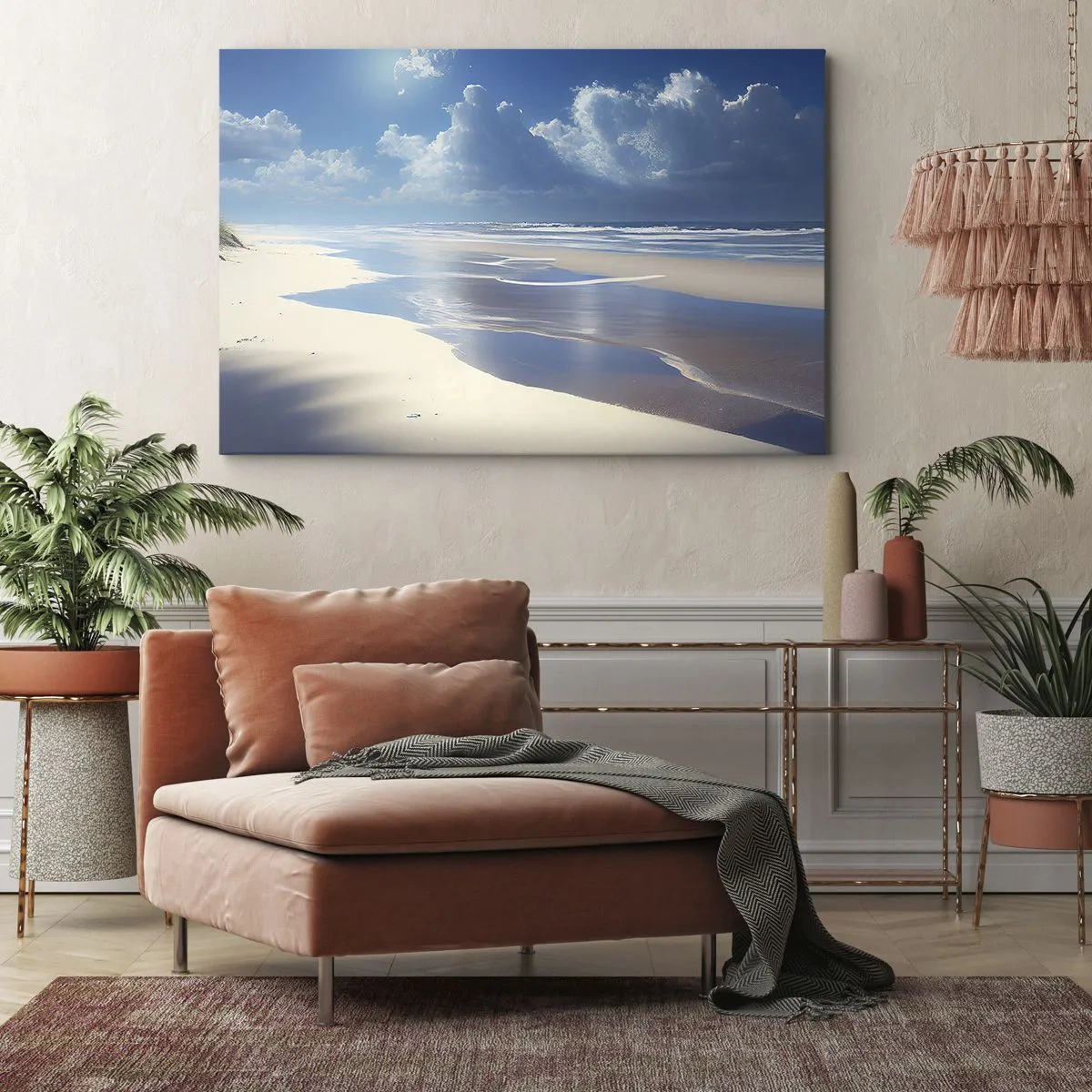Obraz na płótnie - Piaszczysta plaża z falami pod błękitnym niebem - 70x50cm - Rajskie wakacje - Nowoczesna dekoracja ścienna do salonu i sypialni ARTTOR