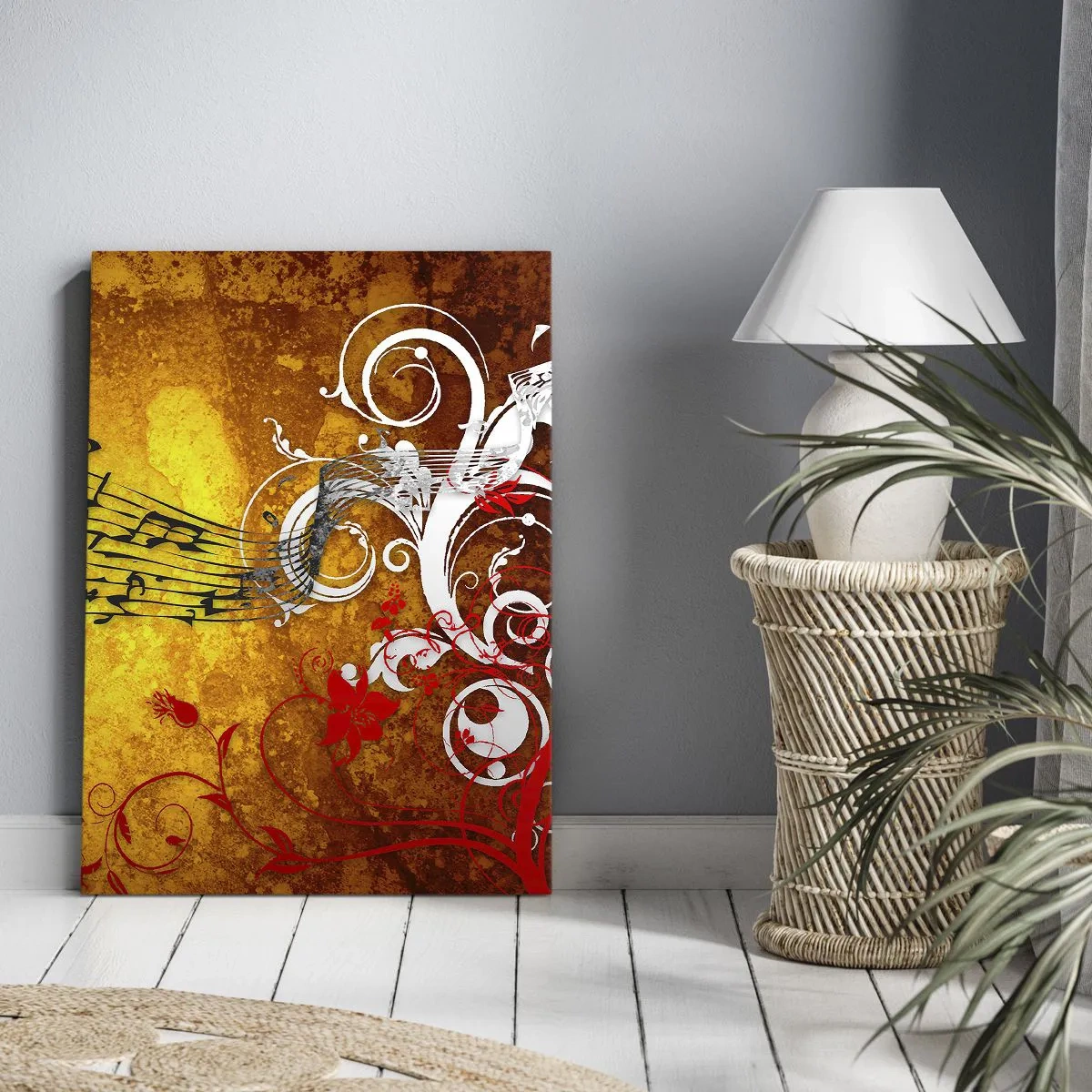Obraz na płótnie - Abstrakcja z nutami i ornamentami w ciepłych barwach - 50x70cm - Niech płynie muzyka - Nowoczesna dekoracja ścienna do salonu, kuchni i sypialni ARTTOR
