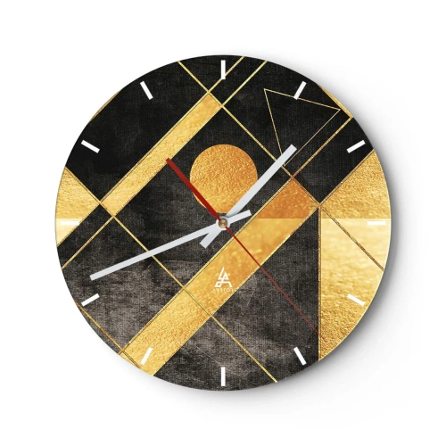 Zegar ścienny - Złote geometryczne formy na czarnym tle z motywem słońca - 30x30cm - Słońce pustyni - Nowoczesna dekoracja ścienna do salonu, kuchni i sypialni ARTTOR