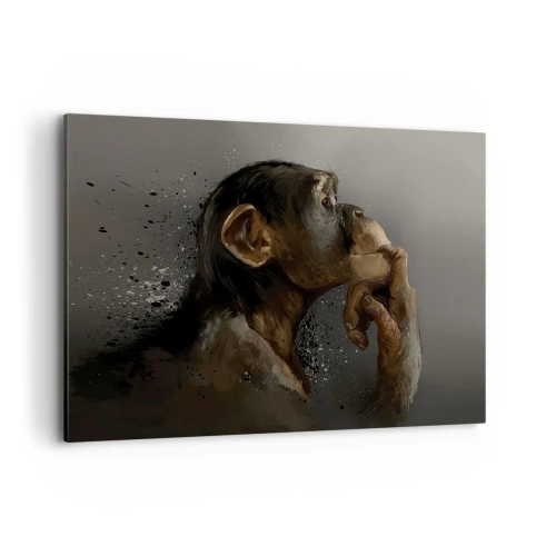 Obraz na płótnie - Portret małpy w refleksyjnej pozie na szarym tle - 100x70cm - Z pewnością myśliciel - Nowoczesna dekoracja ścienna do salonu, kuchni i sypialni ARTTOR