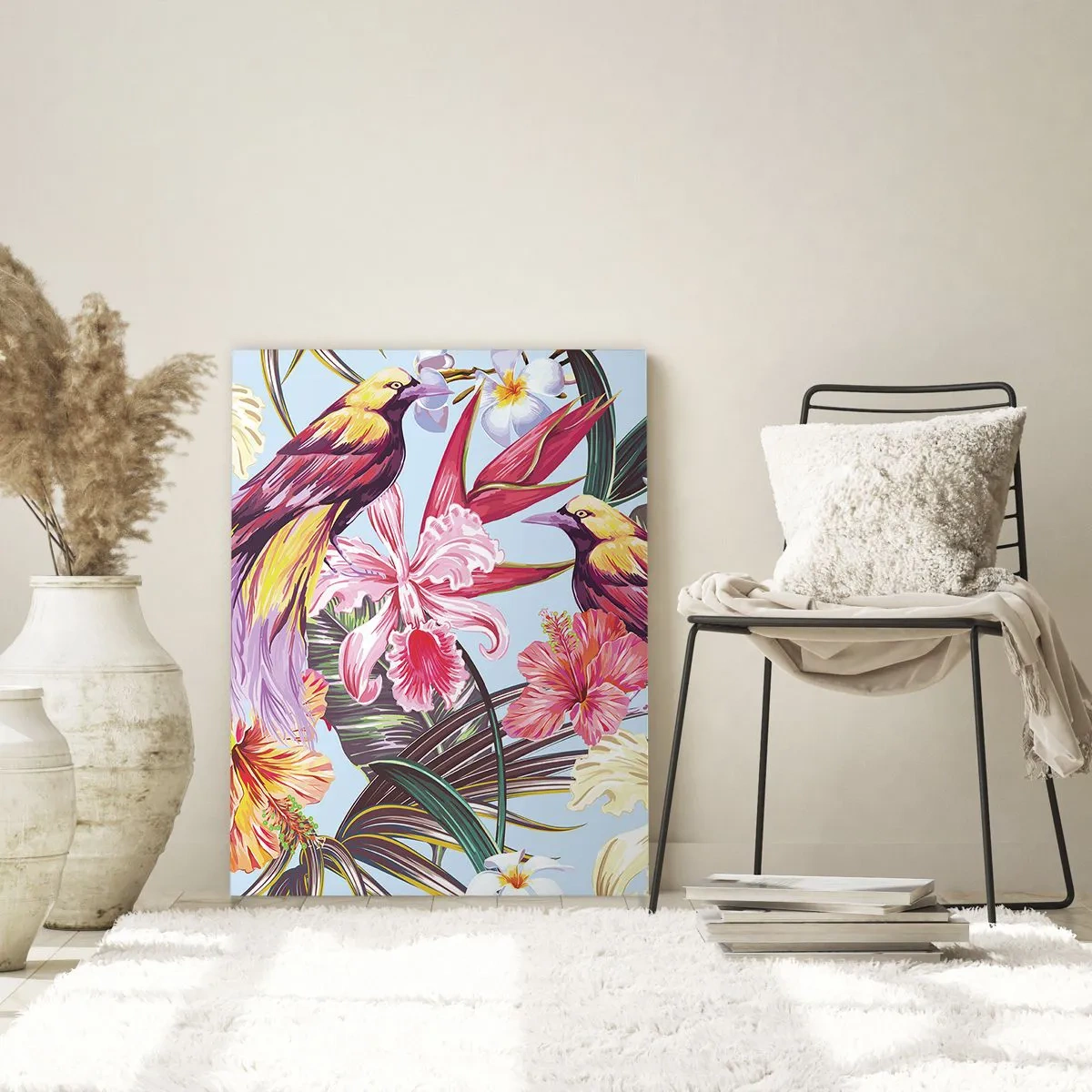 Obraz na szkle - Egzotyczne ptaki i kwiaty na jasnym tle - 50x70cm - Płatki i piórka - Nowoczesna dekoracja ścienna do salonu, kuchni i sypialni ARTTOR