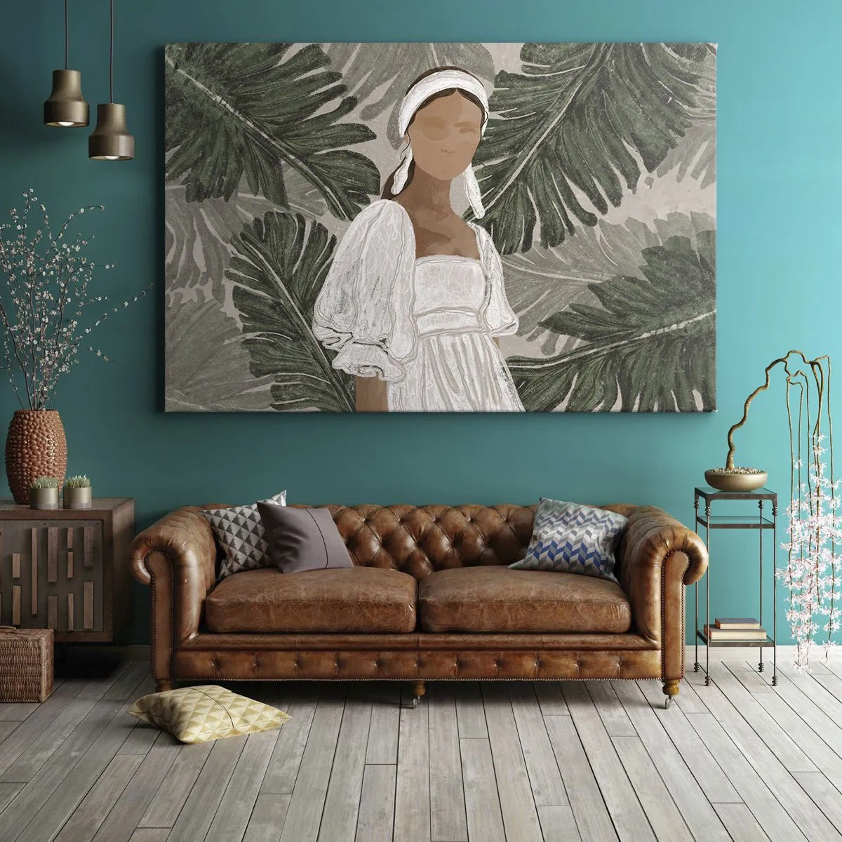 Obraz na płótnie - Portret kobiety w białej sukni na tle liści monstery - 100x70cm - Portret egzotyczny - Nowoczesna dekoracja ścienna do salonu, kuchni i sypialni ARTTOR