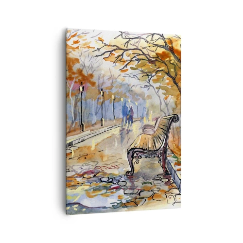 Obraz na płótnie - Jesienny park z ławką w akwarelowym ujęciu - 70x100cm - Razem powędrować w jesień - Nowoczesna dekoracja ścienna do salonu i sypialni ARTTOR