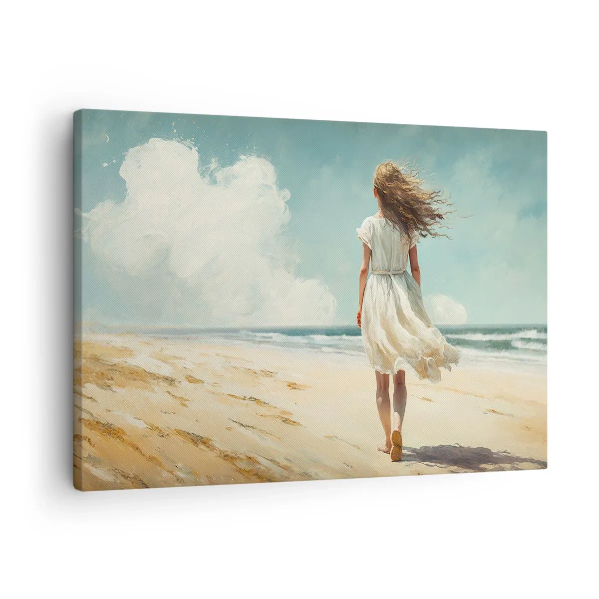 Obraz na płótnie - Kobieta w białej sukni spacerująca po plaży w słoneczny dzień - 70x50cm - Na spotkanie słońca i wiatru - Nowoczesna dekoracja ścienna do salonu i sypialni ARTTOR