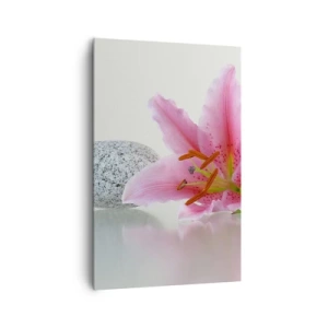 Obraz na płótnie - Różowy kwiat lilii z kamieniami na jasnym tle - 80x120cm - Studium w różu, szarości i bieli - Nowoczesna dekoracja ścienna do salonu i sypialni ARTTOR