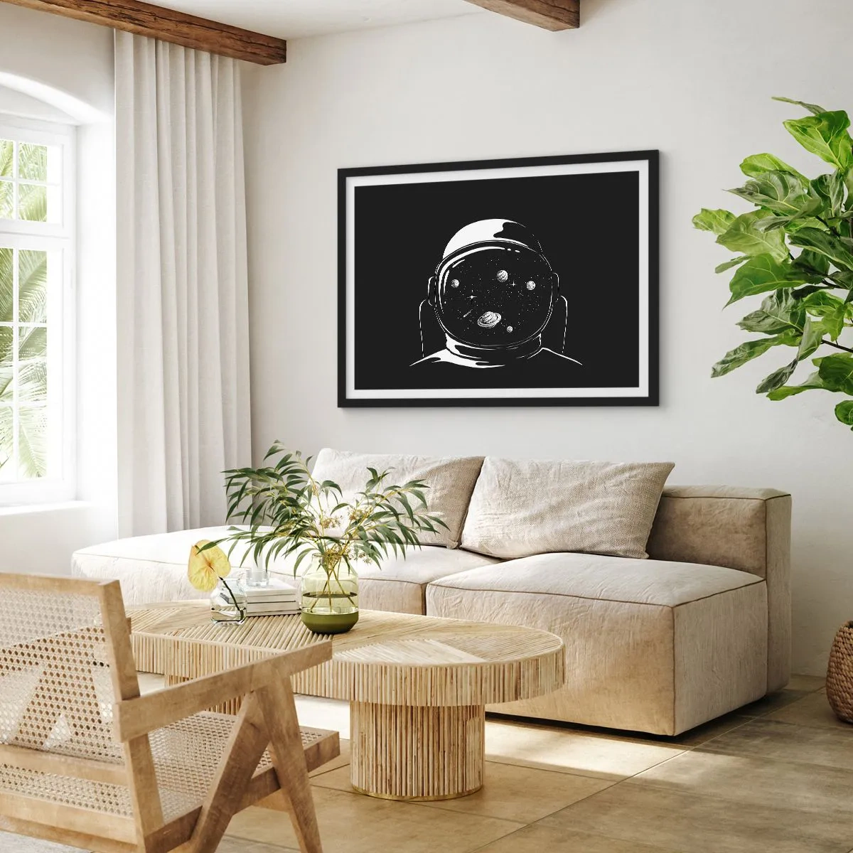 Plakat w czarnej ramie - Astronautyczny hełm z widokiem na kosmos w minimalistycznym stylu - 70x50cm - Niezły widok - Nowoczesna dekoracja ścienna do salonu i sypialni ARTTOR