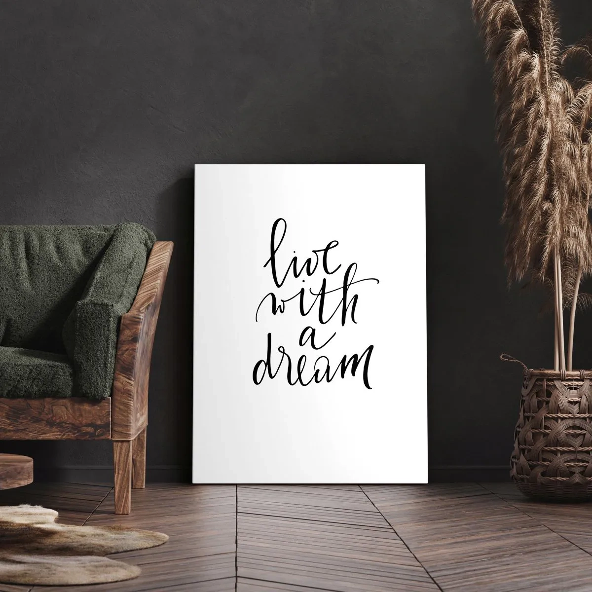 Obraz na płótnie - Minimalistyczny obraz z napisem 'live with a dream' w czerni na białym tle - 80x120cm - Of course - Nowoczesna dekoracja ścienna do salonu i sypialni ARTTOR