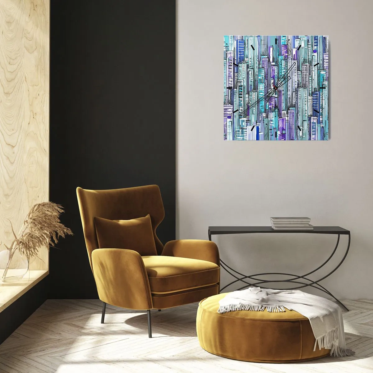 Zegar ścienny - Ilustracja miasta z geometrycznymi budynkami w odcieniach błękitu i fioletu - 30x30cm - Pobłękitniałe od nieba - Nowoczesna dekoracja ścienna do salonu i sypialni ARTTOR