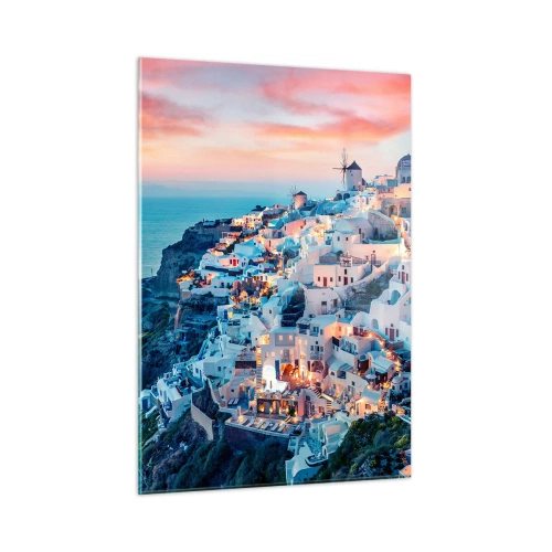 Obraz na szkle - Greckie miasteczko na klifie o zmierzchu z widokiem na morze - 50x70cm - Twoje wielkie greckie wakacje - Nowoczesna dekoracja ścienna do salonu, kuchni i sypialni ARTTOR