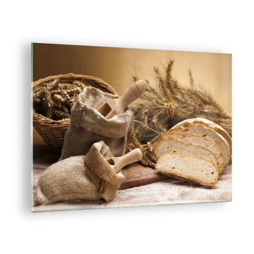 Obraz na szkle - Chleb, mąka i kłosy zboża w rustykalnym stylu - 70x50cm - Jak nożem uciął - Nowoczesna dekoracja ścienna do salonu i sypialni ARTTOR