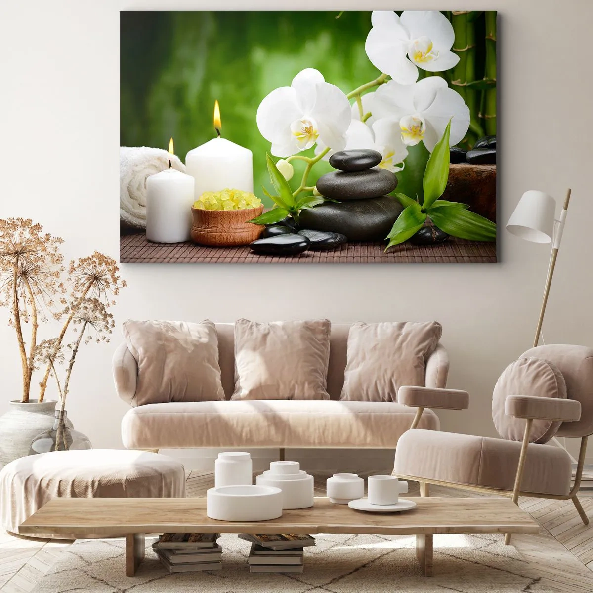 Obraz na płótnie - Orchidee, świece i kamienie w otoczeniu natury - 120x80cm - Wonny, kwiatowy, delikatny dotyk - Nowoczesna dekoracja ścienna do salonu, kuchni i sypialni ARTTOR