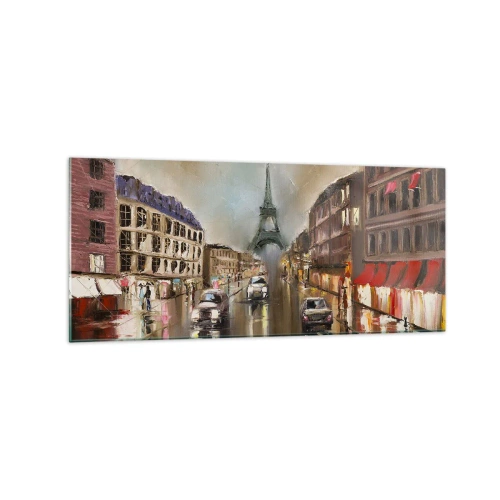 Obraz na szkle - Wieczorny pejzaż ulicy Paryża z widokiem na wieżę Eiffla - 120x50cm - Liczy się tylko ona - Nowoczesna dekoracja ścienna do salonu i sypialni ARTTOR
