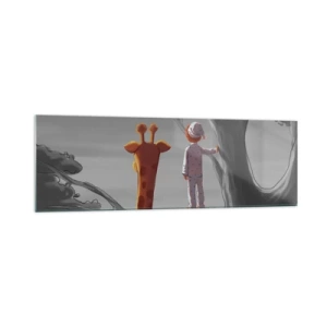 Obraz na szkle - Dziecko i żyrafa na gałęzi drzewa w bajkowym krajobrazie - 160x50cm - To się naprawdę dzieje - Nowoczesna dekoracja ścienna do salonu i sypialni ARTTOR