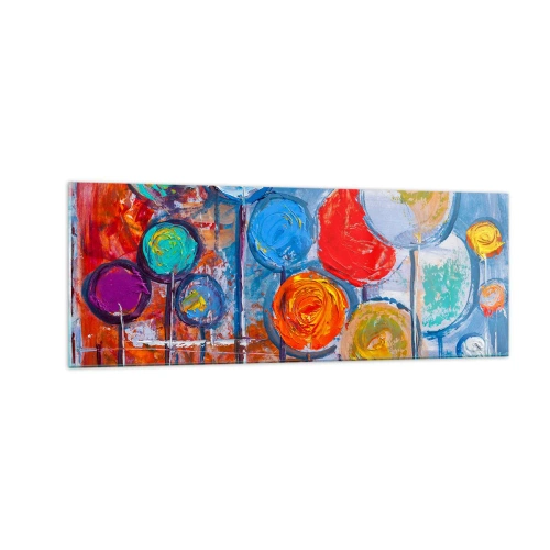 Obraz na szkle - Kolorowe abstrakcyjne drzewa na niebieskim tle - 140x50cm - Cuda na kiju - Nowoczesna dekoracja ścienna do salonu i sypialni ARTTOR