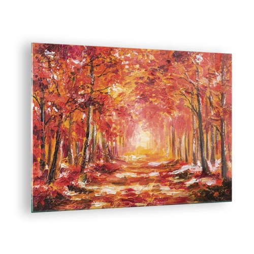Obraz na szkle - Jesienny krajobraz z drzewami w ciepłych barwach - 70x50cm - Miedziany las - Nowoczesna dekoracja ścienna do salonu i sypialni ARTTOR