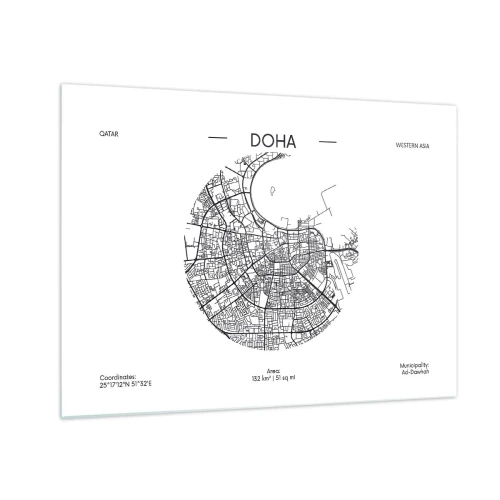 Obraz na szkle - Graficzna mapa Dohy w czarno-białym stylu minimalistycznym - 70x50cm - Anatomia Dohy - Nowoczesna dekoracja ścienna do salonu i sypialni ARTTOR