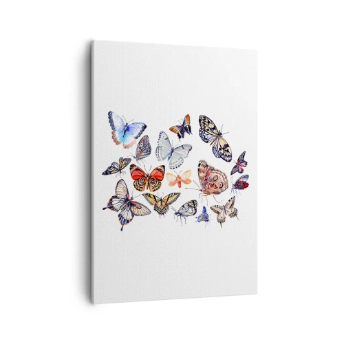 Obraz na płótnie - Kolorowe motyle na białym tle - 50x70cm - Koronkowy, barwny rój - Nowoczesna dekoracja ścienna do salonu, kuchni i sypialni ARTTOR