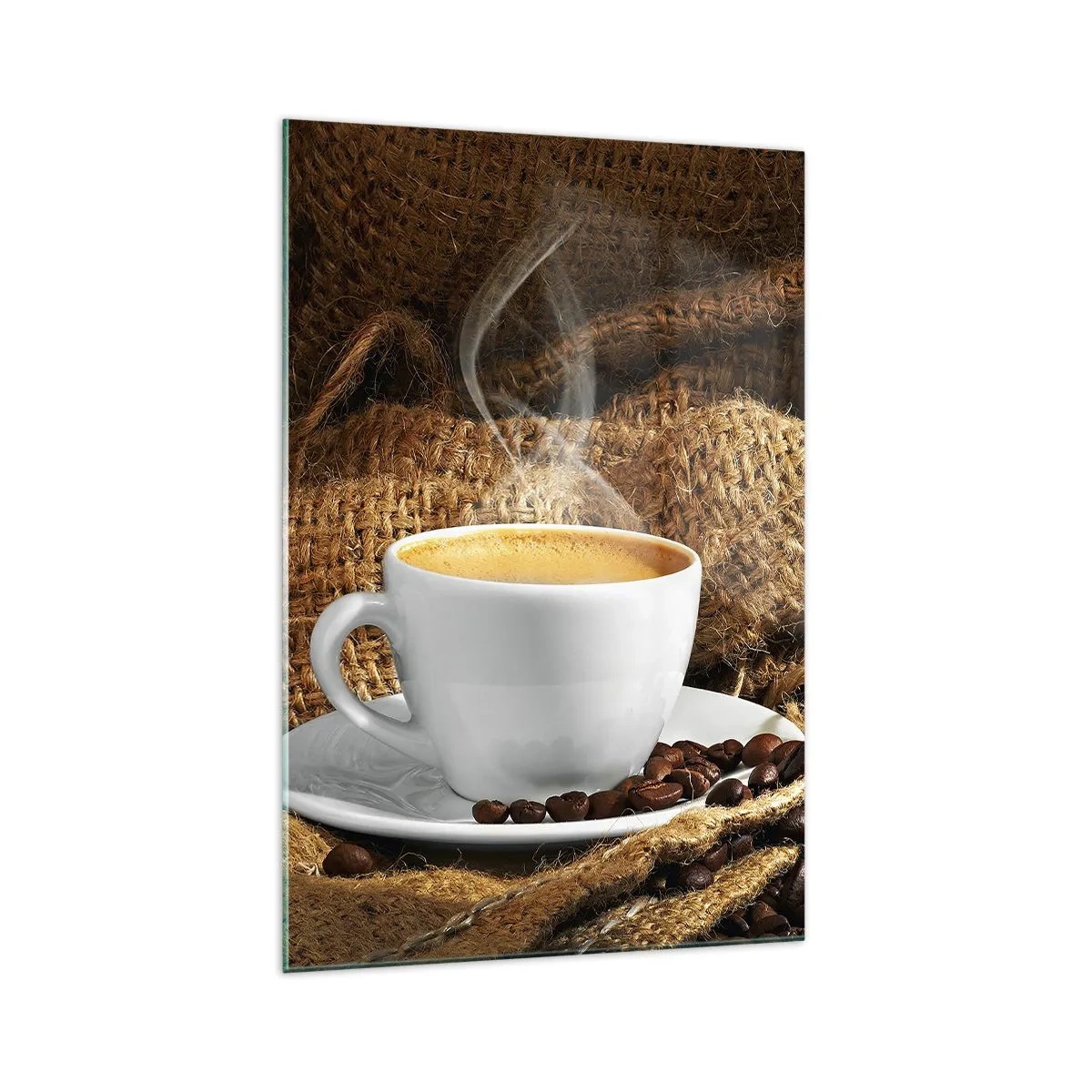 Obraz na szkle - Filiżanka kawy otoczona workiem z ziarnami kawy - 70x100cm - Zapach moki i gęstość miodowego płynu - Nowoczesna dekoracja ścienna do salonu i sypialni ARTTOR