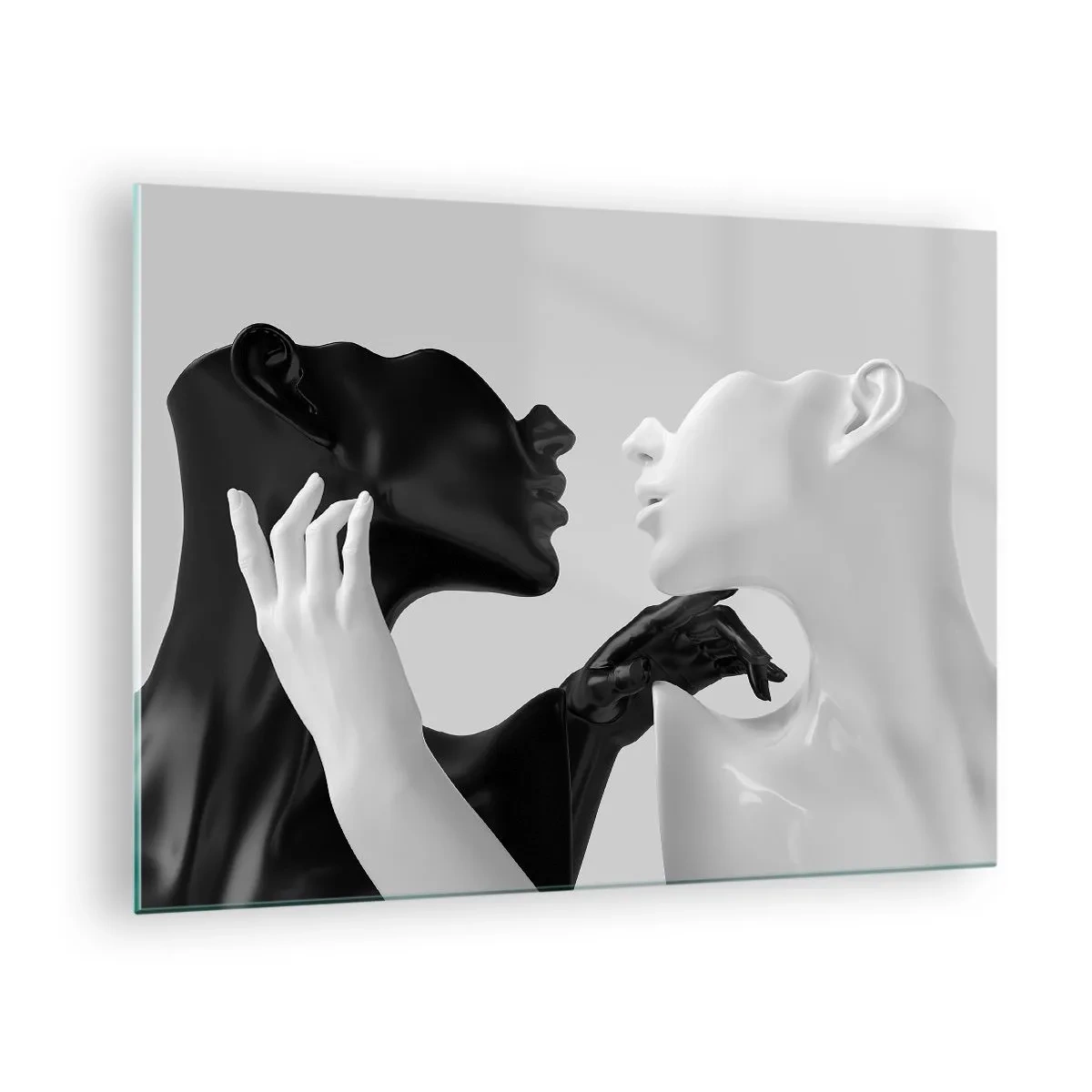 Obraz na szkle - Czarno-białe postacie w zmysłowym zbliżeniu - 70x50cm - Przyciąganie – pożądanie - Nowoczesna dekoracja ścienna do salonu i sypialni ARTTOR
