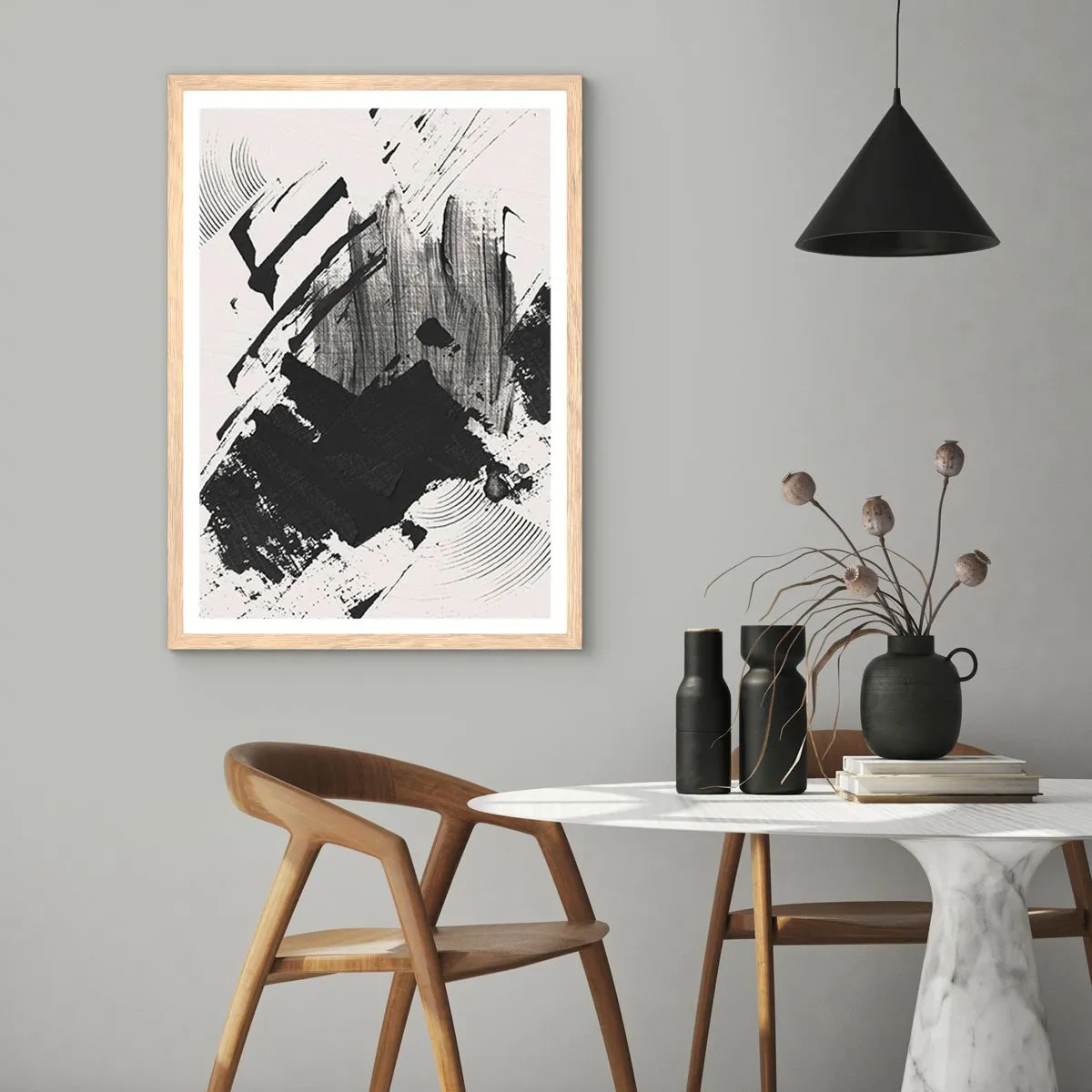 Plakat w ramie jasny dąb - Abstrakcja – ekspresja czerni - 40x50 cm