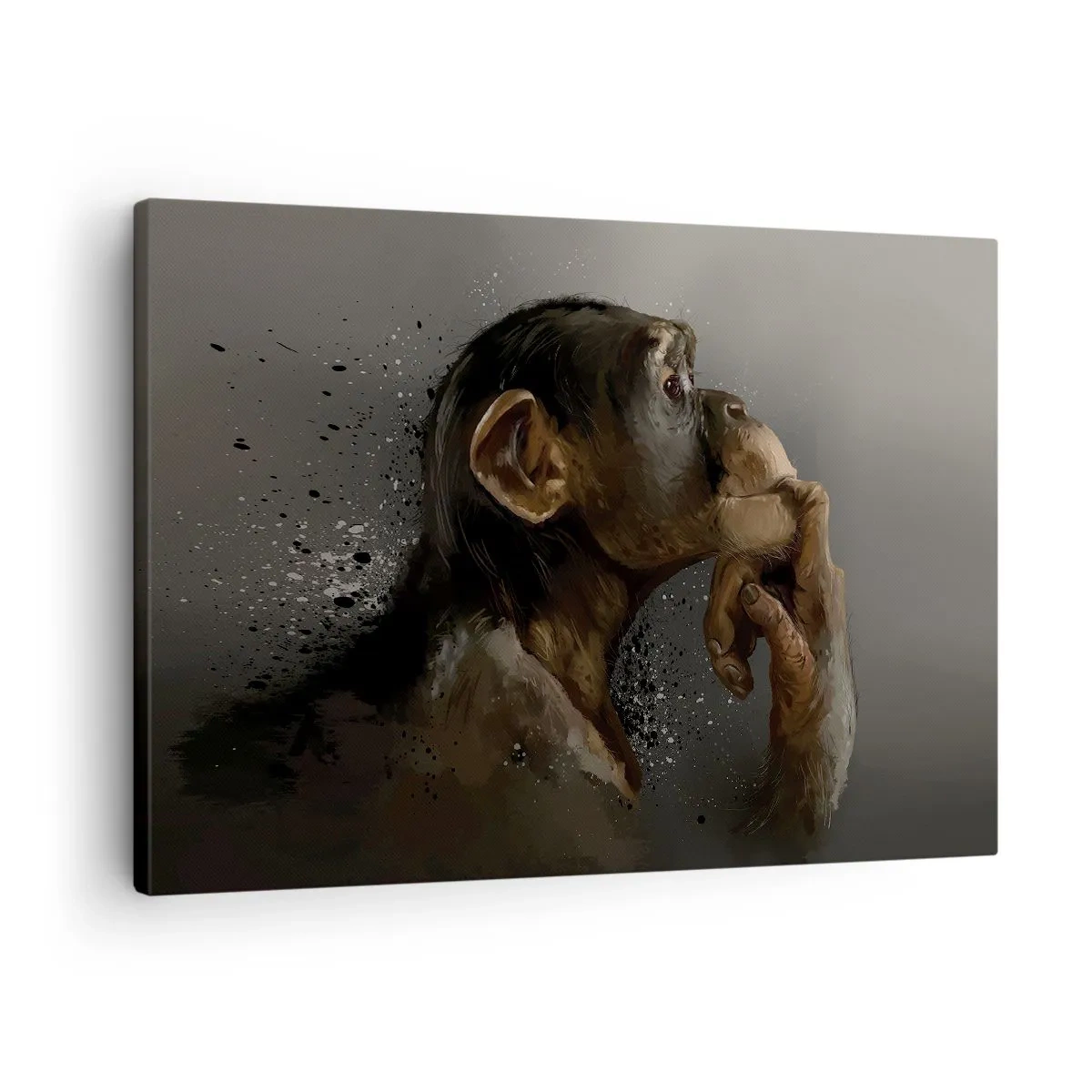 Obraz na płótnie - Portret małpy w refleksyjnej pozie na szarym tle - 70x50cm - Z pewnością myśliciel - Nowoczesna dekoracja ścienna do salonu i sypialni ARTTOR