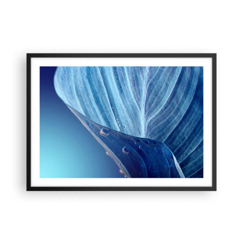 Plakat w czarnej ramie - Błękitny liść z widocznymi kroplami wody - 70x50cm - Ukryte krople błękitu - Nowoczesna dekoracja ścienna do salonu i sypialni ARTTOR