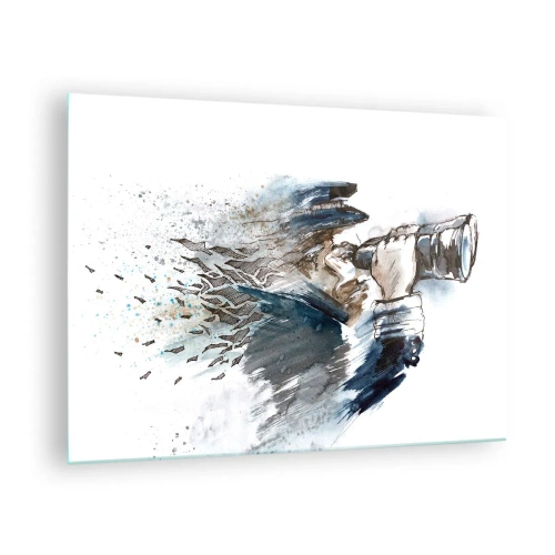 Obraz na szkle - Człowiek z lornetką w dynamicznej akwarelowej kompozycji - 70x50cm - Dziesięć w skali Beauforta! - Nowoczesna dekoracja ścienna do salonu i sypialni ARTTOR