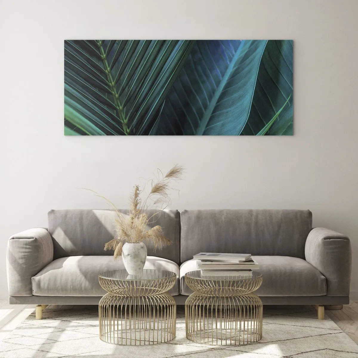 Obraz na szkle - Zbliżenie na tropikalne zielone liście - 120x50cm - Anatomia zieleni - Nowoczesna dekoracja ścienna do salonu i sypialni ARTTOR