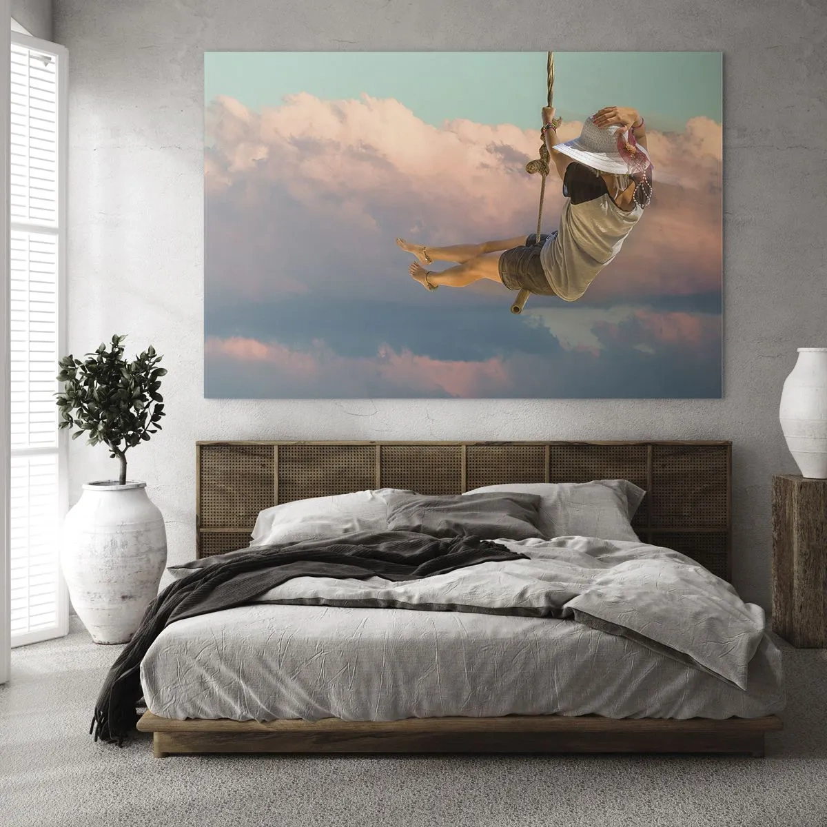 Obraz na szkle - Dziewczyna na huśtawce wśród różowych chmur - 70x50cm - Zabawa w obłokach - Nowoczesna dekoracja ścienna do salonu i sypialni ARTTOR