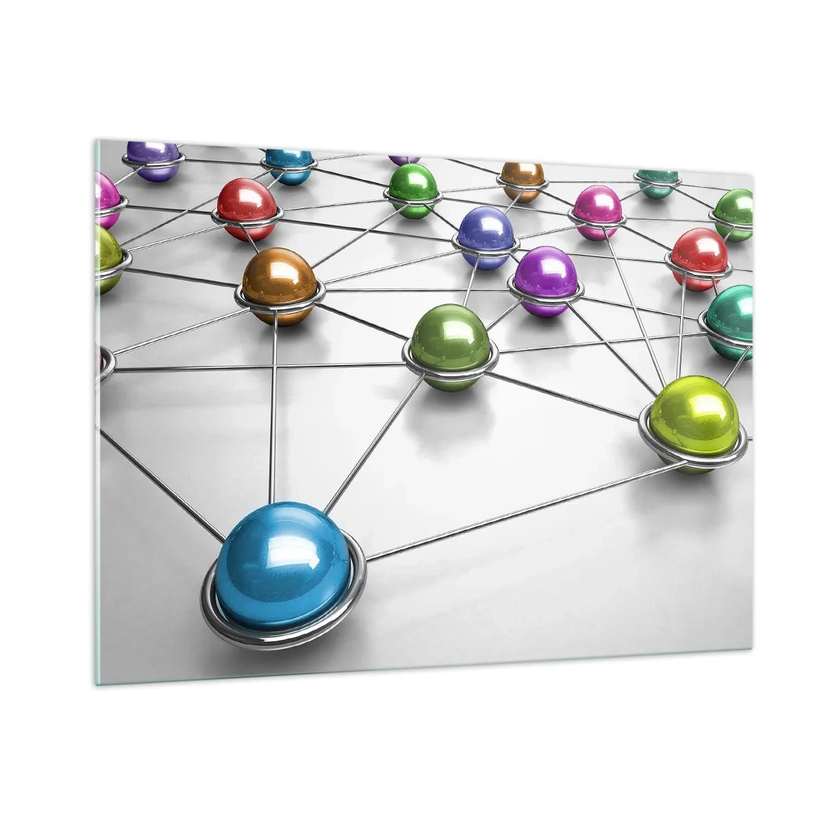 Obraz na szkle - Kolorowe kule połączone liniami na jasnym tle - 100x70cm - Kosmiczna pajęczyna - Nowoczesna dekoracja ścienna do salonu, kuchni i sypialni ARTTOR