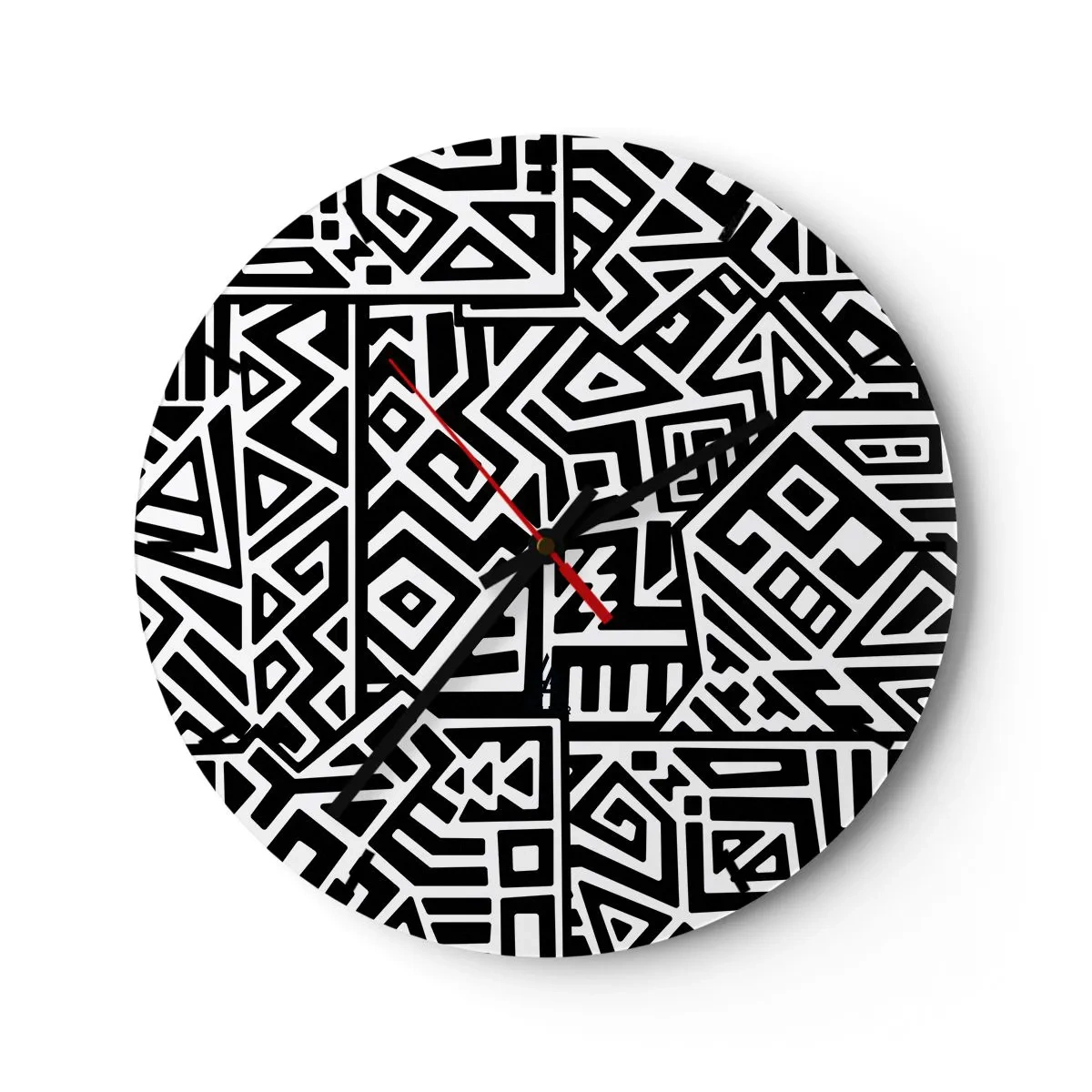 Zegar ścienny - Czarno-biała kompozycja geometrycznych wzorów - 30x30cm - Kompozycja prekolumbijska - Nowoczesna dekoracja ścienna do salonu, kuchni i sypialni ARTTOR