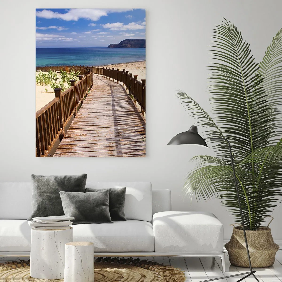 Obraz na szkle - Drewniana ścieżka na plaży prowadząca do morza - 50x70cm - Zabierz mnie na wyspy szczęśliwe - Nowoczesna dekoracja ścienna do salonu, kuchni i sypialni ARTTOR