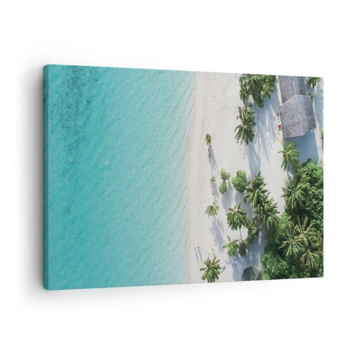 Obraz na płótnie - Tropikalna plaża z turkusową wodą i palmami z lotu ptaka - 70x50cm - Wakacje w raju - Nowoczesna dekoracja ścienna do salonu i sypialni ARTTOR