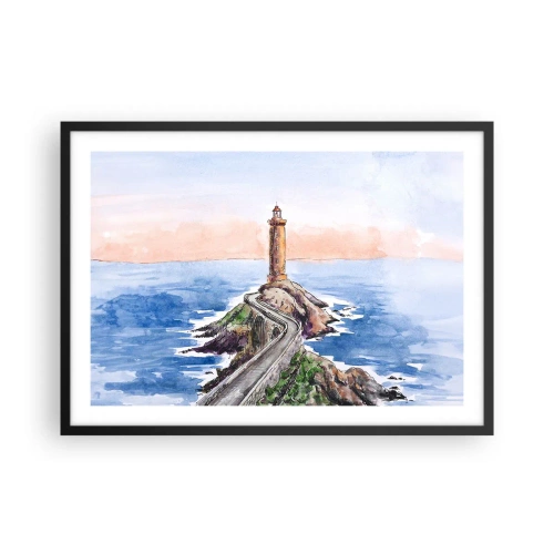 Plakat w czarnej ramie - Latarnia morska na skalistym brzegu - 70x50cm - Zwrócona ku morzu - Nowoczesna dekoracja ścienna do salonu i sypialni ARTTOR