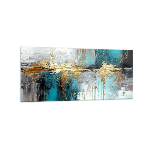 Obraz na szkle - Abstrakcyjna kompozycja z turkusem i złotymi akcentami - 120x50cm - Wszystko płynie - Nowoczesna dekoracja ścienna do salonu i sypialni ARTTOR