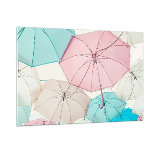 Obraz na szkle - Kolorowe parasole unoszące się w powietrzu - 120x80cm - Czasem słońce, czasem deszcz - Nowoczesna dekoracja ścienna do salonu, kuchni i sypialni ARTTOR