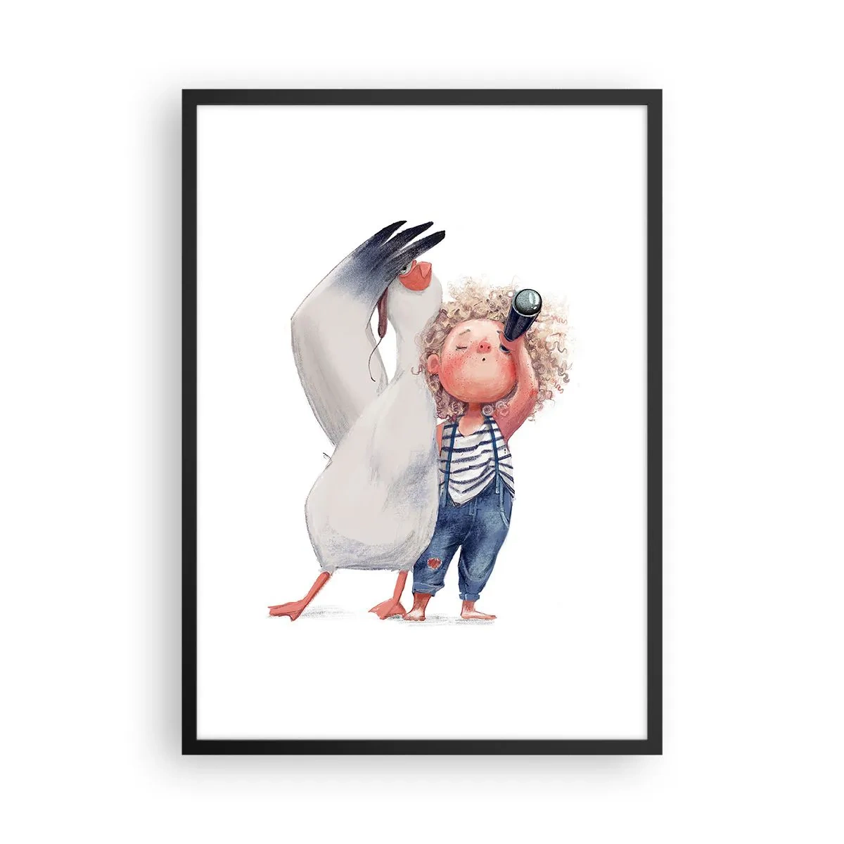 Plakat w czarnej ramie - Plan wielkiej podróży - Ilustracja dziecka z lornetką i towarzyszącym ptakiem - 50x70cm