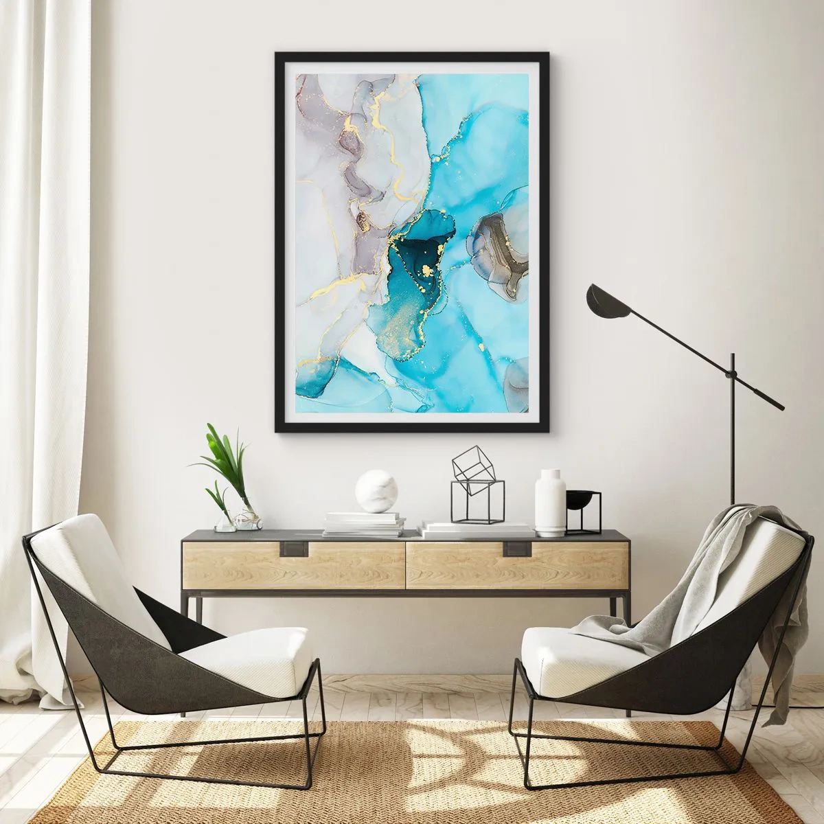 Plakat w czarnej ramie - Studium spotkania szarości z turkusem - 30x40 cm