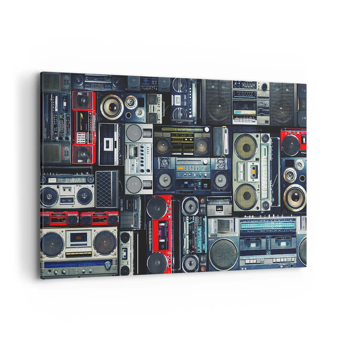 Obraz na płótnie - Kolaż retro magnetofonów i głośników w stylu vintage - 120x80cm - Tęsknota za latami 80. - Nowoczesna dekoracja ścienna do salonu, kuchni i sypialni ARTTOR
