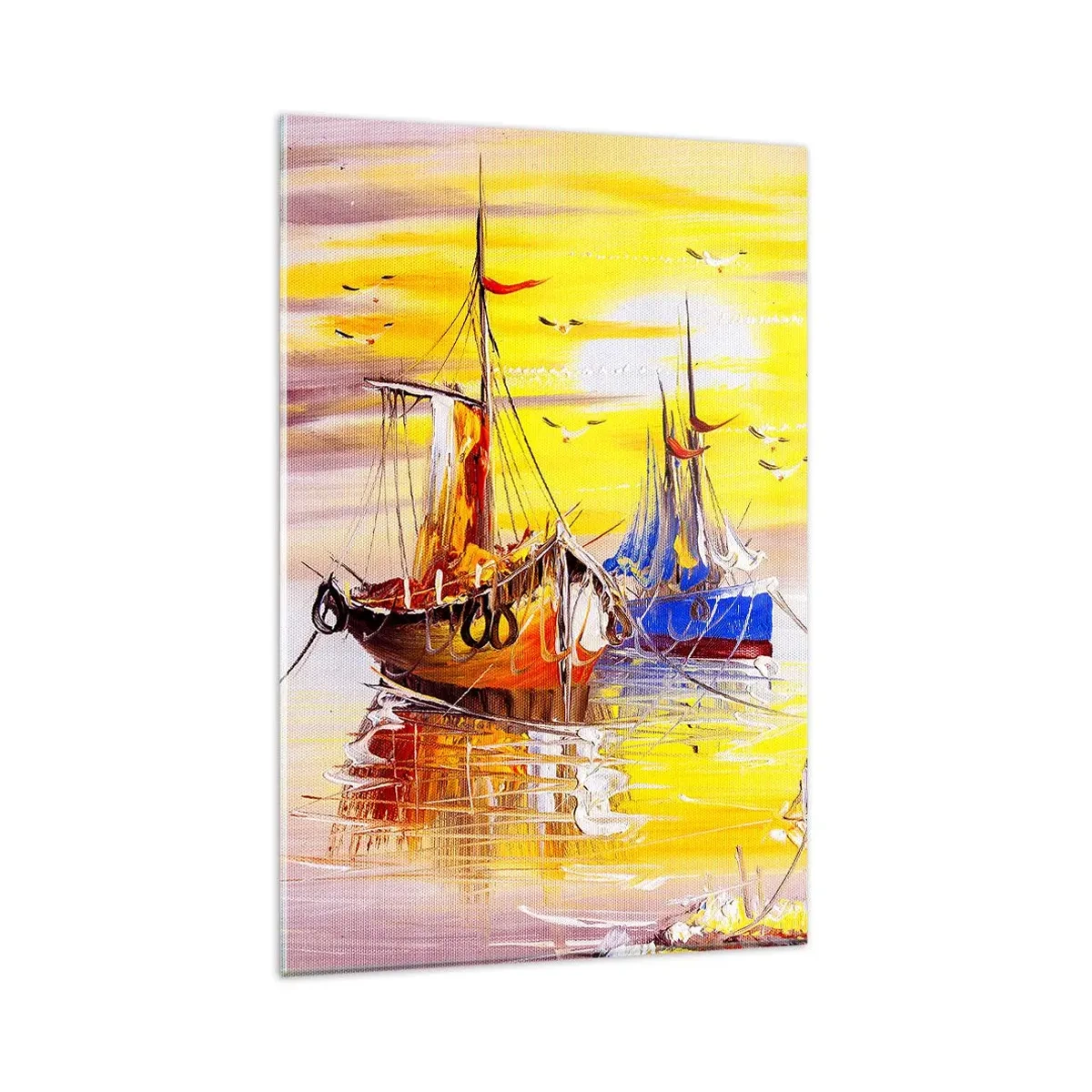 Obraz na szkle - Malarska scena z łodziami na spokojnym morzu - 80x120cm - Zasłużony odpoczynek w porcie - Nowoczesna dekoracja ścienna do salonu i sypialni ARTTOR