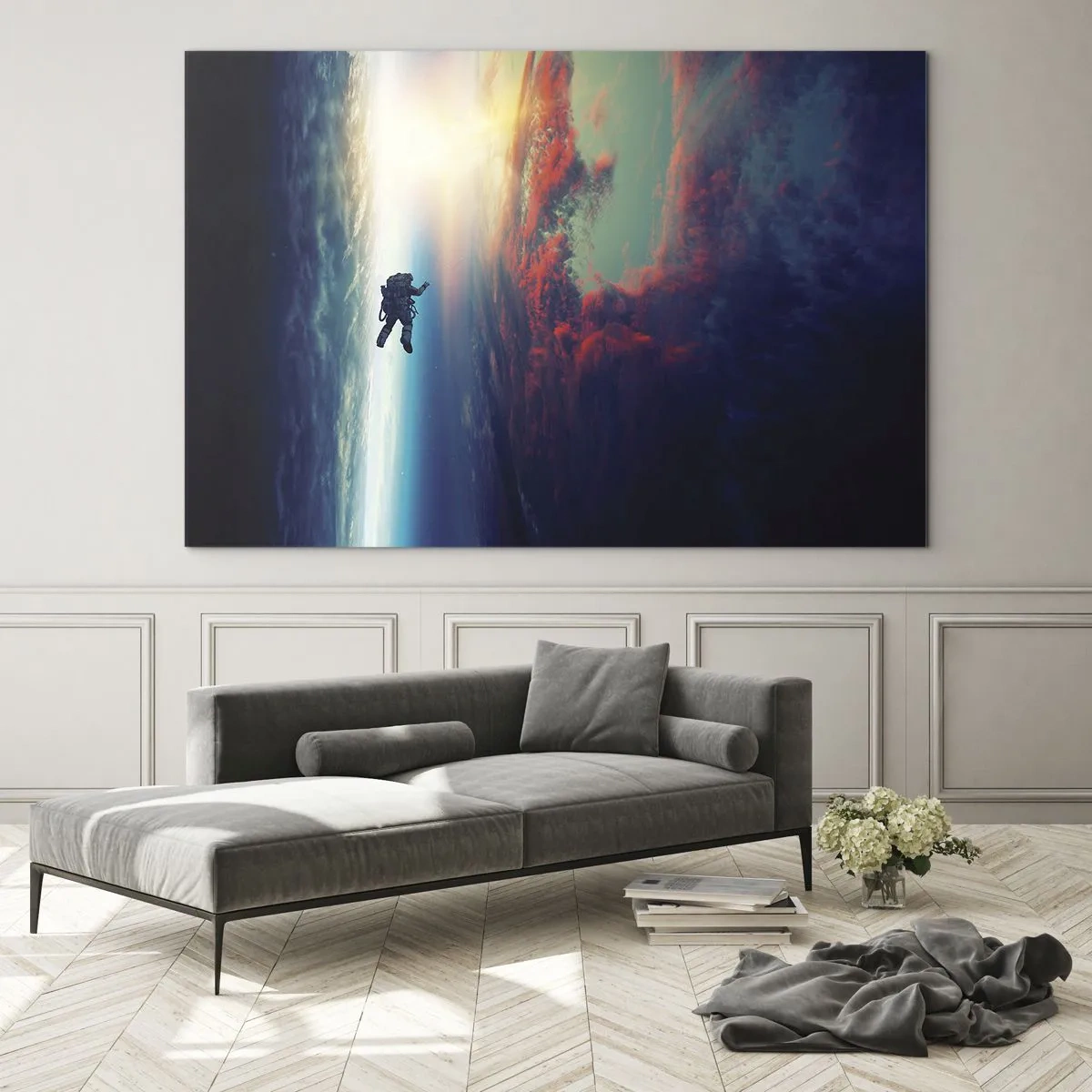 Obraz na szkle - Astronauta dryfujący w przestrzeni kosmicznej w stronę światła - 70x50cm - Mierzyć się ze wszechświatem - Nowoczesna dekoracja ścienna do salonu i sypialni ARTTOR