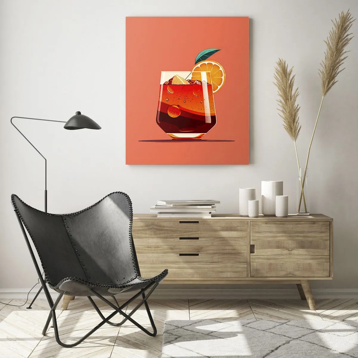 Obraz na szkle - Kolorowy drink z pomarańczą na tle w ciepłym odcieniu brzoskwini - 50x70cm - Letnie orzeźwienie - Nowoczesna dekoracja ścienna do salonu, kuchni i sypialni ARTTOR