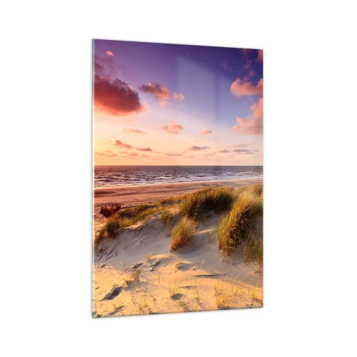 Obraz na szkle - Plaża z trawami i zachód słońca nad spokojnym morzem - 70x100cm - Już latem pachnie powietrze - Nowoczesna dekoracja ścienna do salonu i sypialni ARTTOR